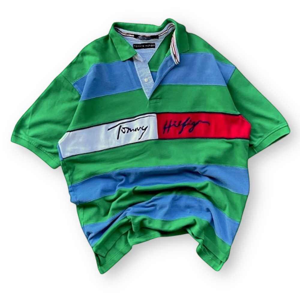 Vintage Tommy Hilfiger Green, Blue & Red Striped Rugby Polo
